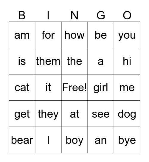 SIght Word Bingo Card
