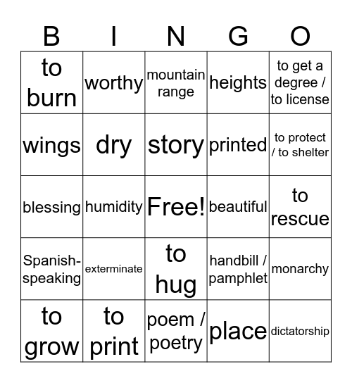 Chapter 5 Bingo  Bingo Card