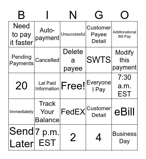 Bill Pay Bingo Card