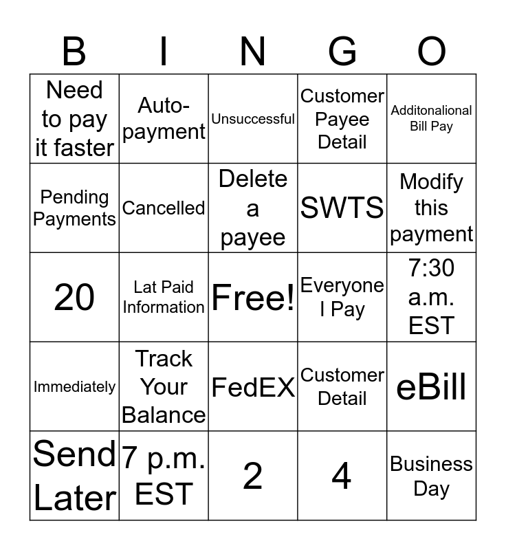 Bill Pay Bingo Card