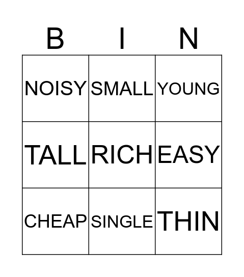 OPPOSITES Bingo Card