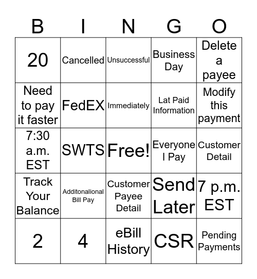 Bill Pay Bingo Card