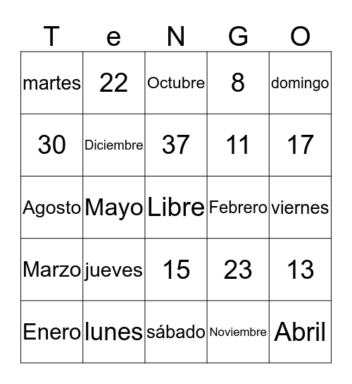 Los meses y días Bingo Card