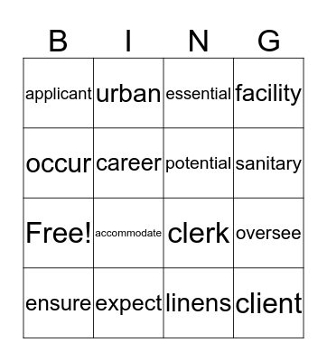 Jobs in Housing Spelling Words Bingo Card