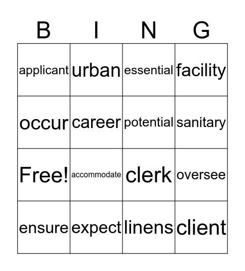 Jobs in Housing Spelling Words Bingo Card