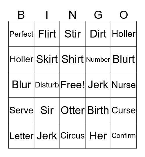 IR, ER, UR Bingo Card