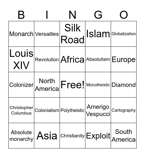Revolutions Bingo Card