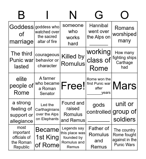 Ancient Rome Review Bingo Card