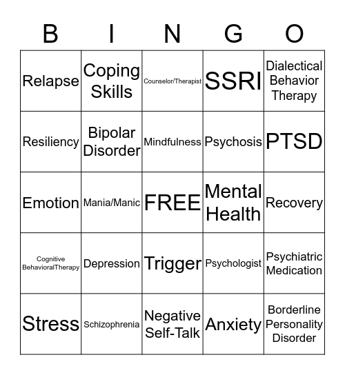 Mental Health Bingo Card