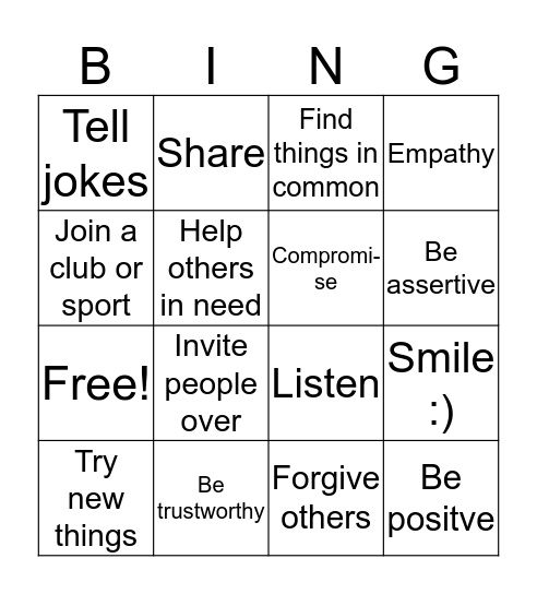 Friendship Bingo Card