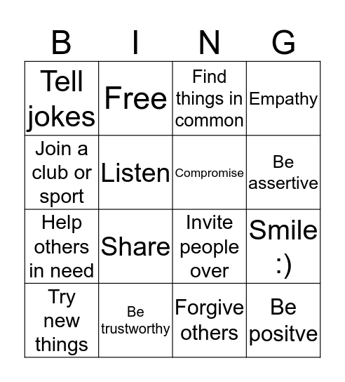 Friendship Bingo Card