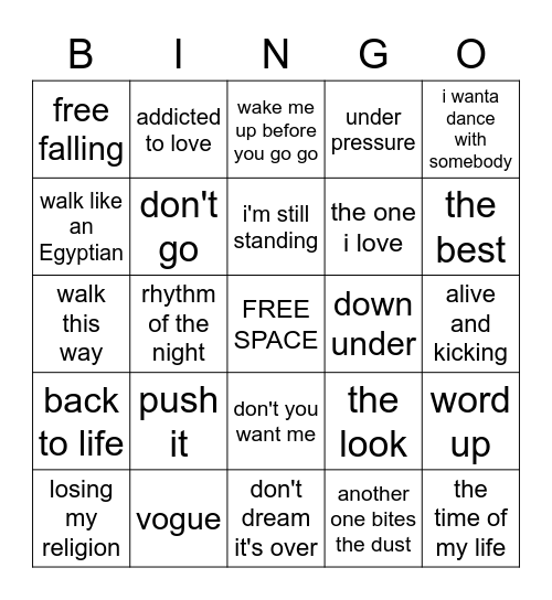 music bingo BACK TO THE 80S (AGAIN!) Bingo Card
