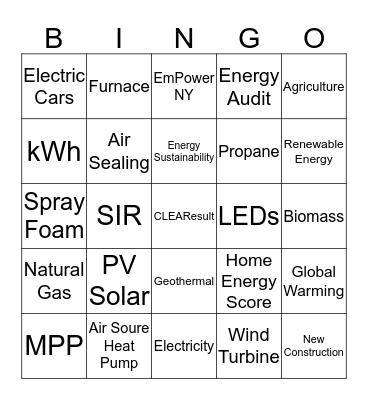 Energy Efficiency Bingo Card