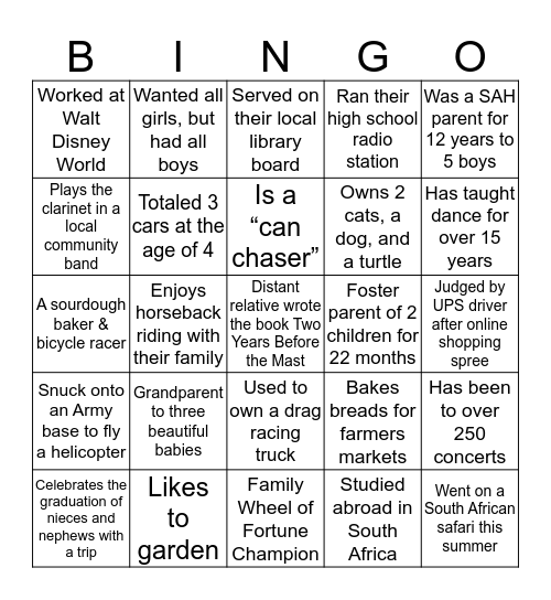 PLA Classmate Bingo Card
