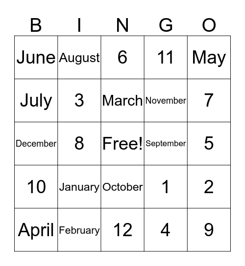 G2 - 12 Months & Numbers Bingo Card