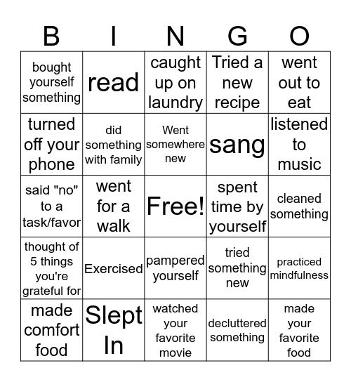 Self Care Bingo Card