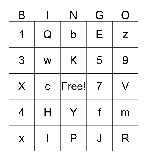 Letters and Numbers Bingo Card