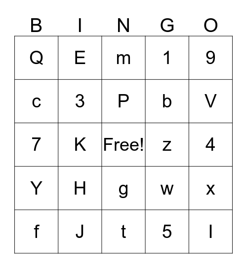 Letters and Numbers Bingo Card