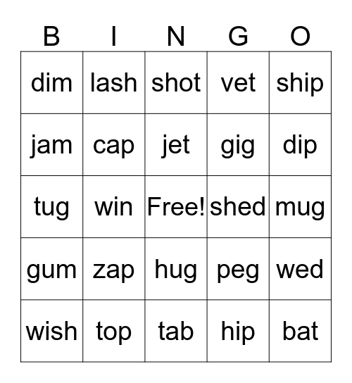 Short Vowel Bingo Card