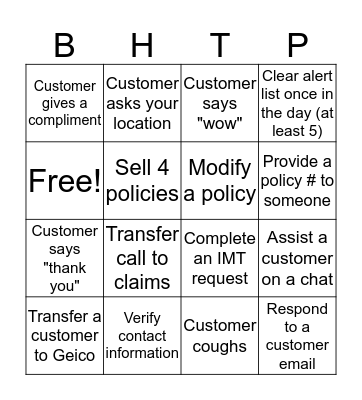 BHTP Customer Service BINGO Card