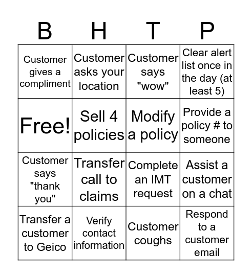 BHTP Customer Service BINGO Card