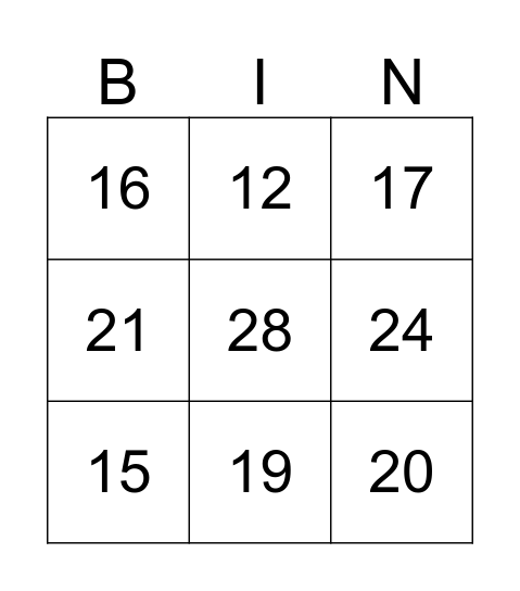 Numbers Bingo Card