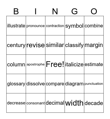 Intermediate Academic Vocabulary Bingo Card