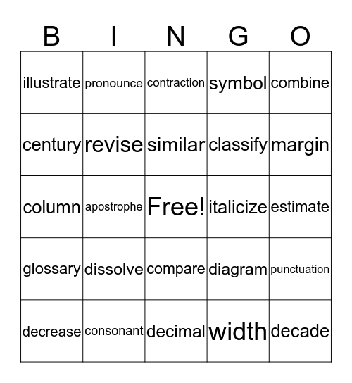 Intermediate Academic Vocabulary Bingo Card