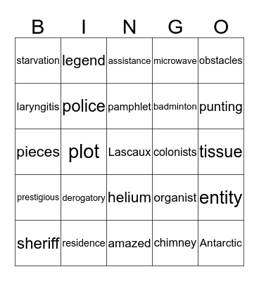 Words Bingo Card