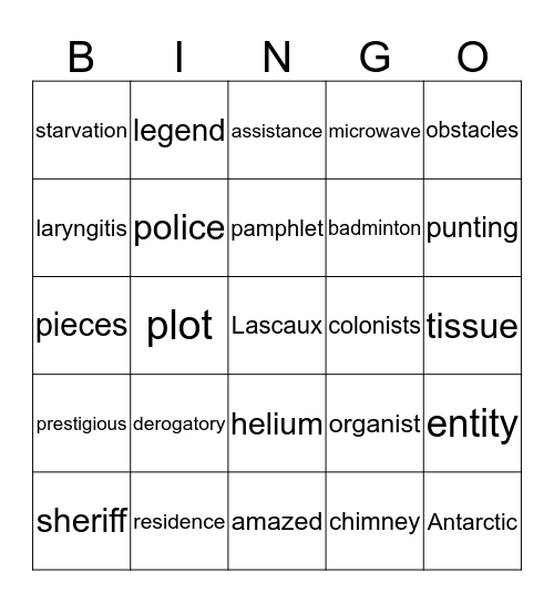 Words Bingo Card