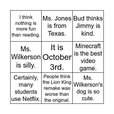 Fact v. Opinion Bingo Card