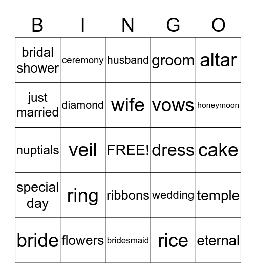 Bride Bingo Card