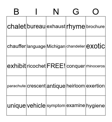 Vocabulary Bingo Card