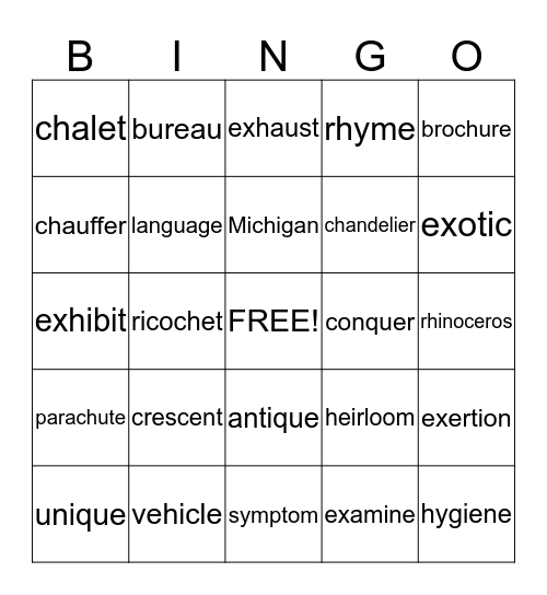 Vocabulary Bingo Card