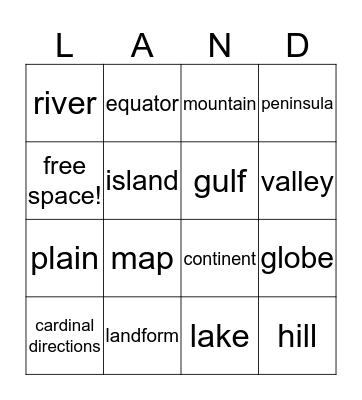 Landforms Bingo Card