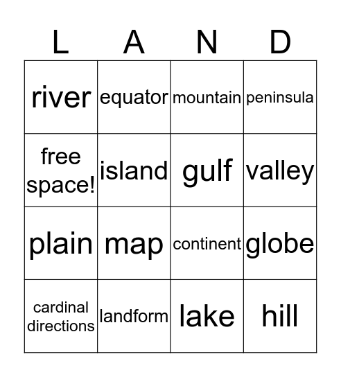 Landforms Bingo Card