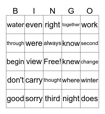 List 1 & 2 Sight Words Bingo Card