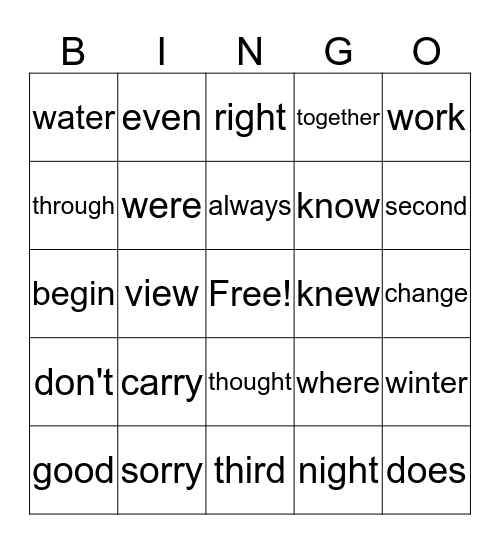 List 1 & 2 Sight Words Bingo Card