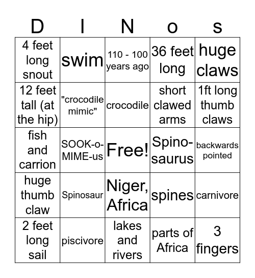 Suchomimus Bingo Card