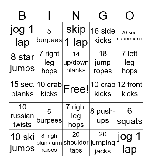 Fitness Bingo Card