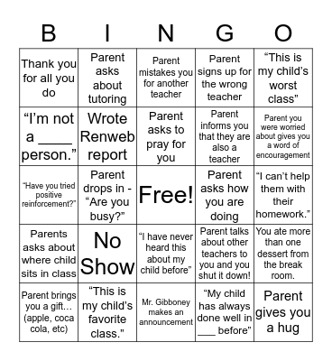 Parent Teacher Conference Bingo Card