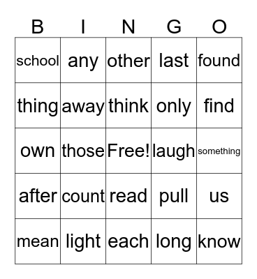 Sight Word Bingo Card