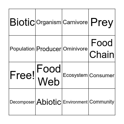 Ecosystem and Energy Bingo Card