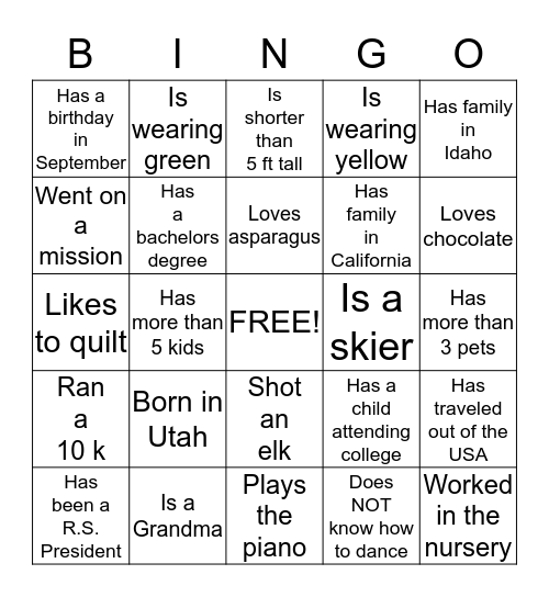 Relief Society Bingo Card