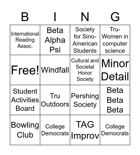 Student Orgs Bingo Card