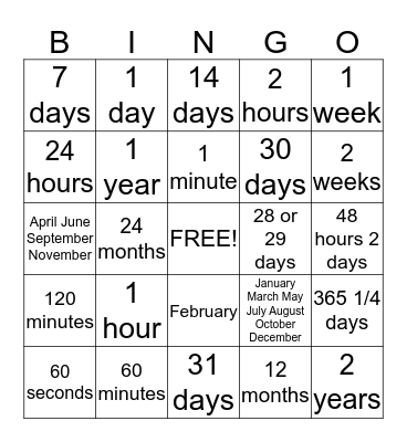 Equivalent Time  Bingo Card