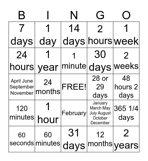 Equivalent Time Bingo Card