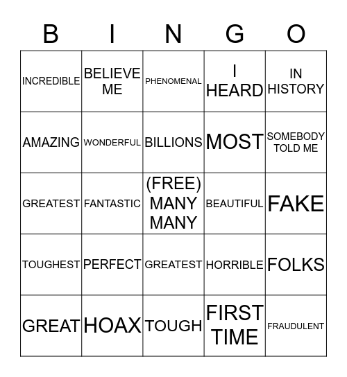 Trump Speech Bingo Card