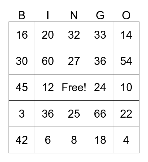 Multiplication Bingo Card