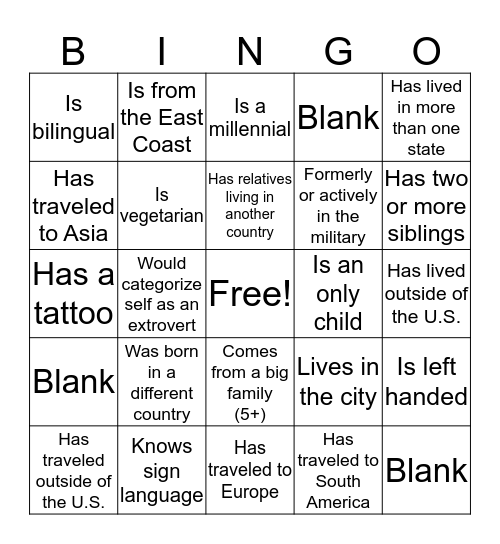 Diversity Bingo Card